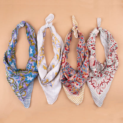 Set of 4 - Eco-Friendly Handblock Printed Bandana, Unisex Head Wrap, Lightweight Summer Accessory, Vintage Style Cotton Bandana