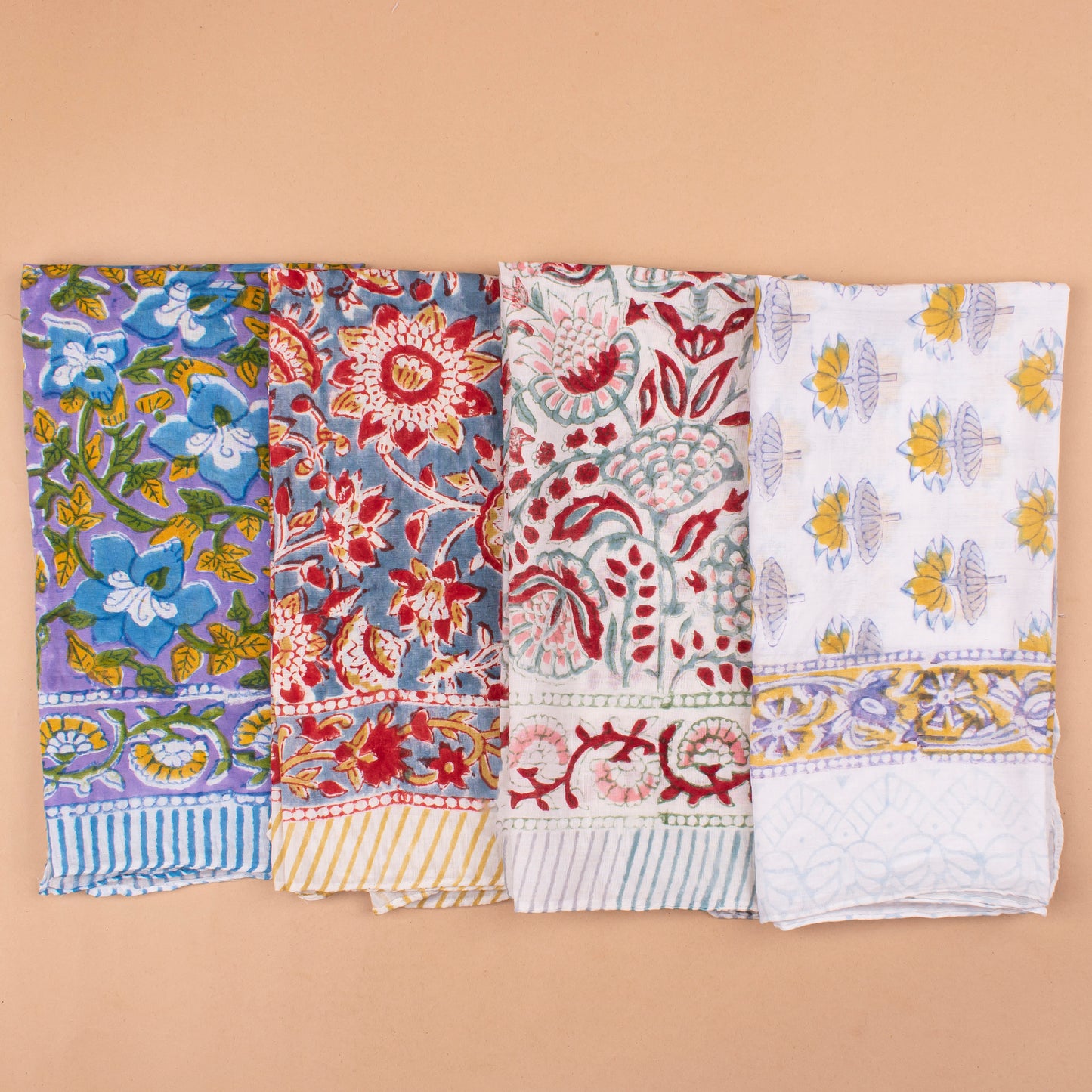 Set of 4 - Eco-Friendly Handblock Printed Bandana, Unisex Head Wrap, Lightweight Summer Accessory, Vintage Style Cotton Bandana