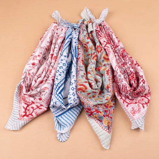 Set of 4 - Handprinted Boho Neck Scarf, Sustainable Head Wrap For Men & Women, Lightweight Design, Unisex Bohemian Cotton Bandana