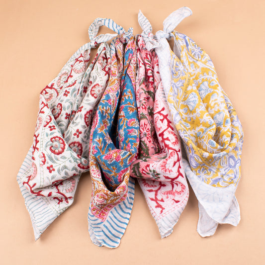 Set of 4 - Handblock Printed Scarf, Lightweight Hair Tie, Eco-Friendly Summer Accessory, Floral Block Print Cotton Bandana, Neck Or Wrist Tie