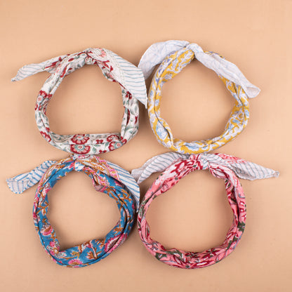 Set of 4 - Handblock Printed Scarf, Lightweight Hair Tie, Eco-Friendly Summer Accessory, Floral Block Print Cotton Bandana, Neck Or Wrist Tie