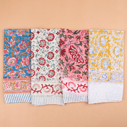 Set of 4 - Handblock Printed Scarf, Lightweight Hair Tie, Eco-Friendly Summer Accessory, Floral Block Print Cotton Bandana, Neck Or Wrist Tie