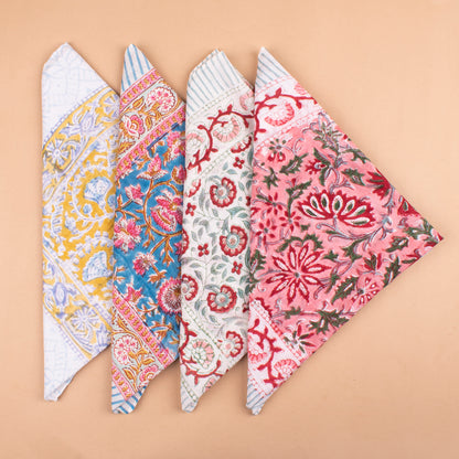 Set of 4 - Handblock Printed Scarf, Lightweight Hair Tie, Eco-Friendly Summer Accessory, Floral Block Print Cotton Bandana, Neck Or Wrist Tie