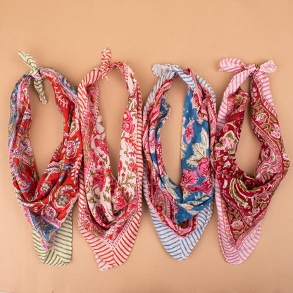 Set of 4 - Block Printed Bandanas For Women, Vintage Style Hair Scarf, Lightweight Neck Wrap Or Headband, Sustainable Gift Idea