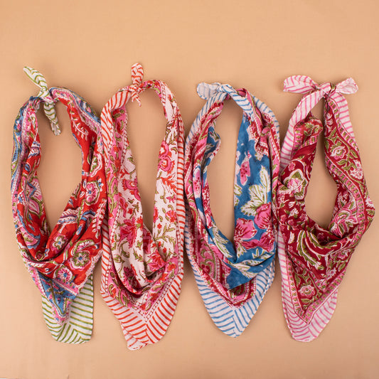 Set of 4 - Block Printed Bandanas For Women, Vintage Style Hair Scarf, Lightweight Neck Wrap Or Headband, Sustainable Gift Idea