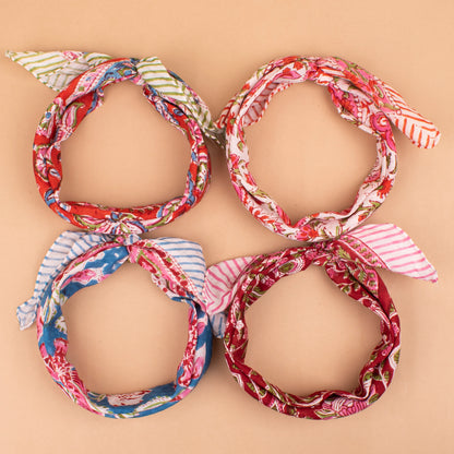 Set of 4 - Block Printed Bandanas For Women, Vintage Style Hair Scarf, Lightweight Neck Wrap Or Headband, Sustainable Gift Idea