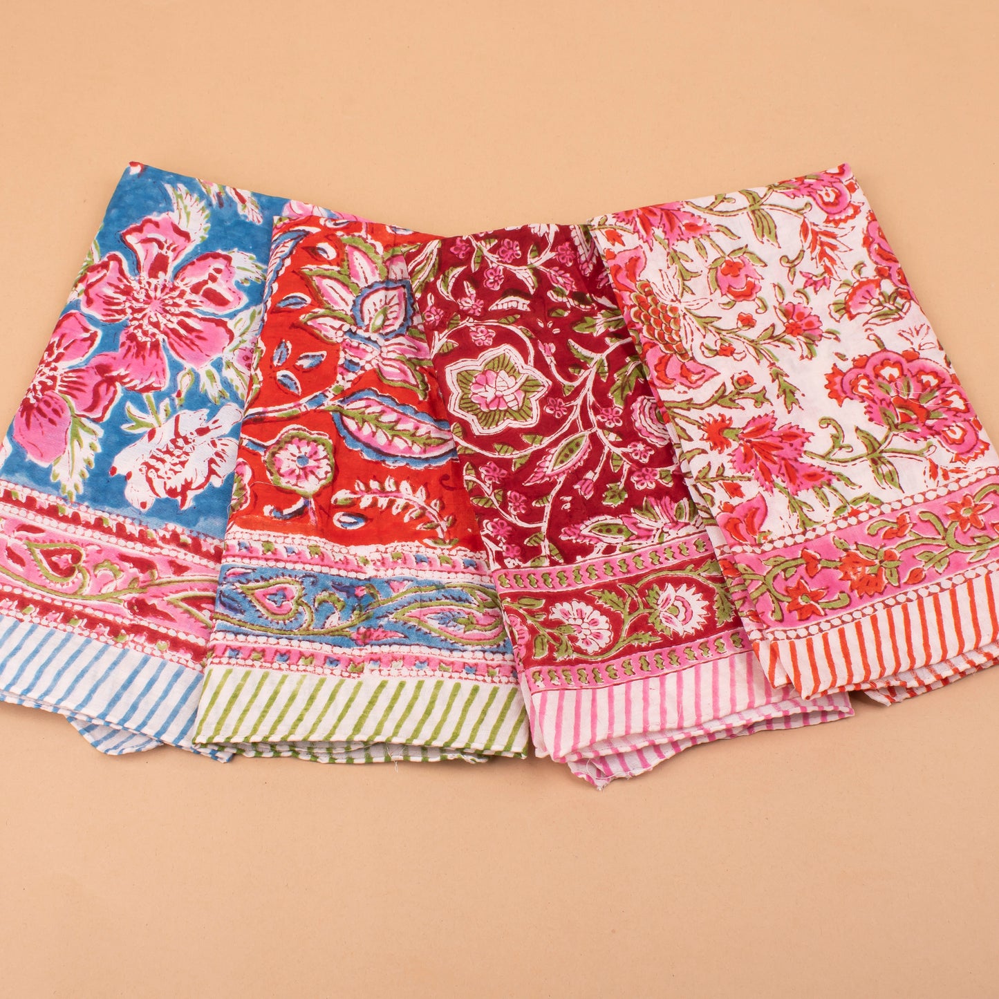 Set of 4 - Block Printed Bandanas For Women, Vintage Style Hair Scarf, Lightweight Neck Wrap Or Headband, Sustainable Gift Idea