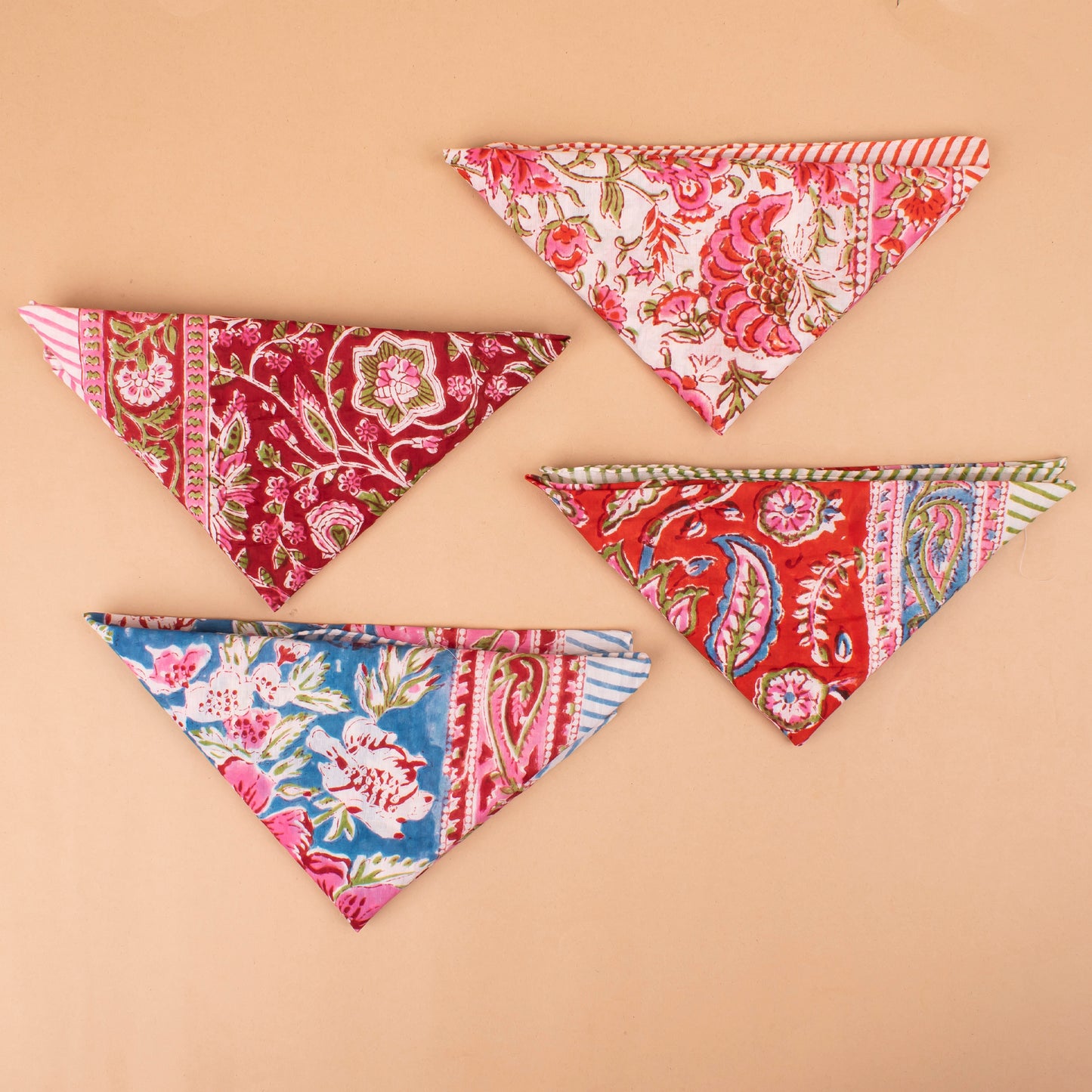Set of 4 - Block Printed Bandanas For Women, Vintage Style Hair Scarf, Lightweight Neck Wrap Or Headband, Sustainable Gift Idea