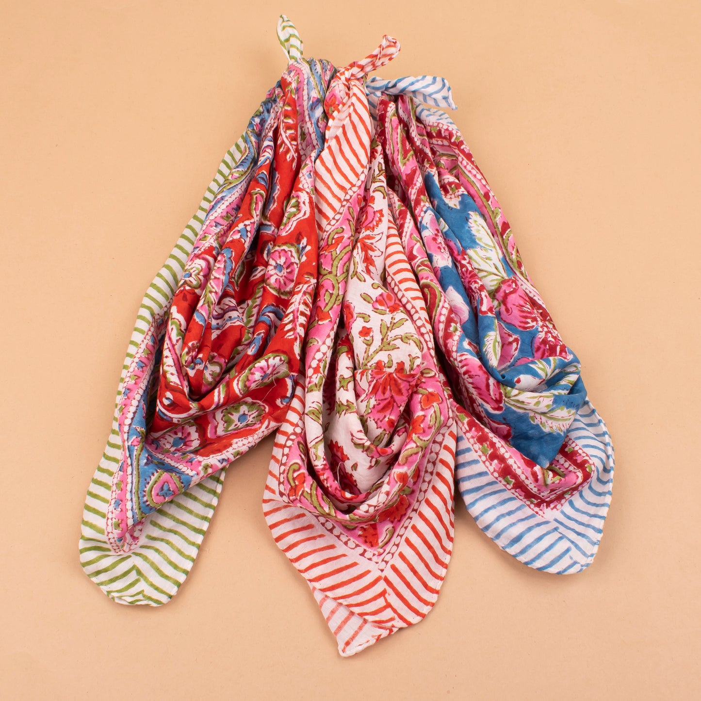 Set of 3 - Versatile Boho Cotton Bandanas For Bikers, Stylish Neck & Face Wraps, Handmade Block Printed Headwraps For Outdoors