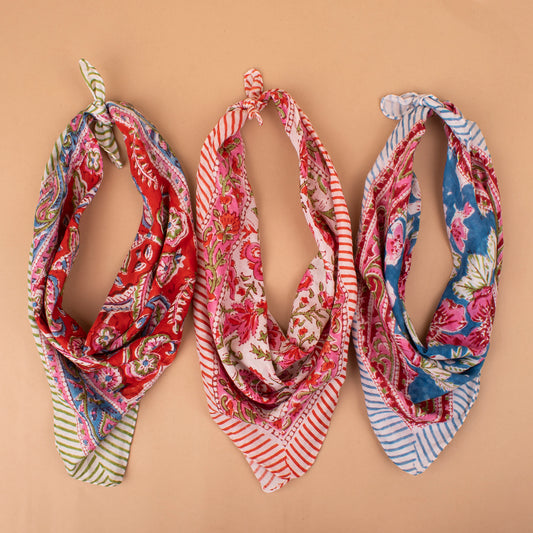 Set of 3 - Versatile Boho Cotton Bandanas For Bikers, Stylish Neck & Face Wraps, Handmade Block Printed Headwraps For Outdoors