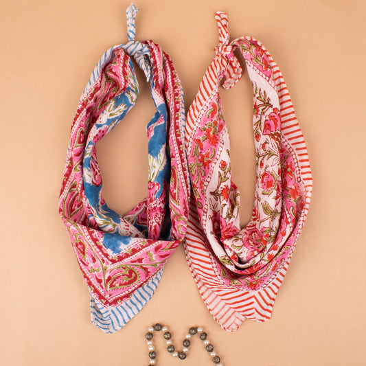 Set of 2 - Floral Print Cotton Bandanas, Lightweight Summer Neck Scarf Or Hair Accessory, Eco-Friendly Wrap Accessory For Him Or Her