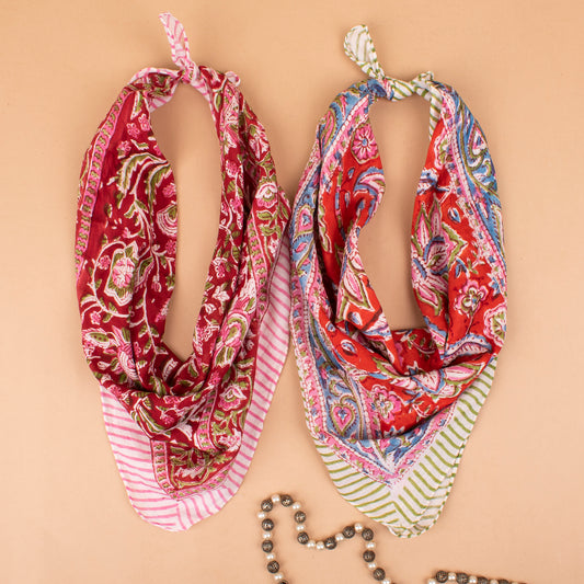 Set of 2 - Handcrafted Cotton Bandanas, Cotton Neck & Head Wraps, Bohemian Block Print, Comfortable & Stylish Summer Accessory