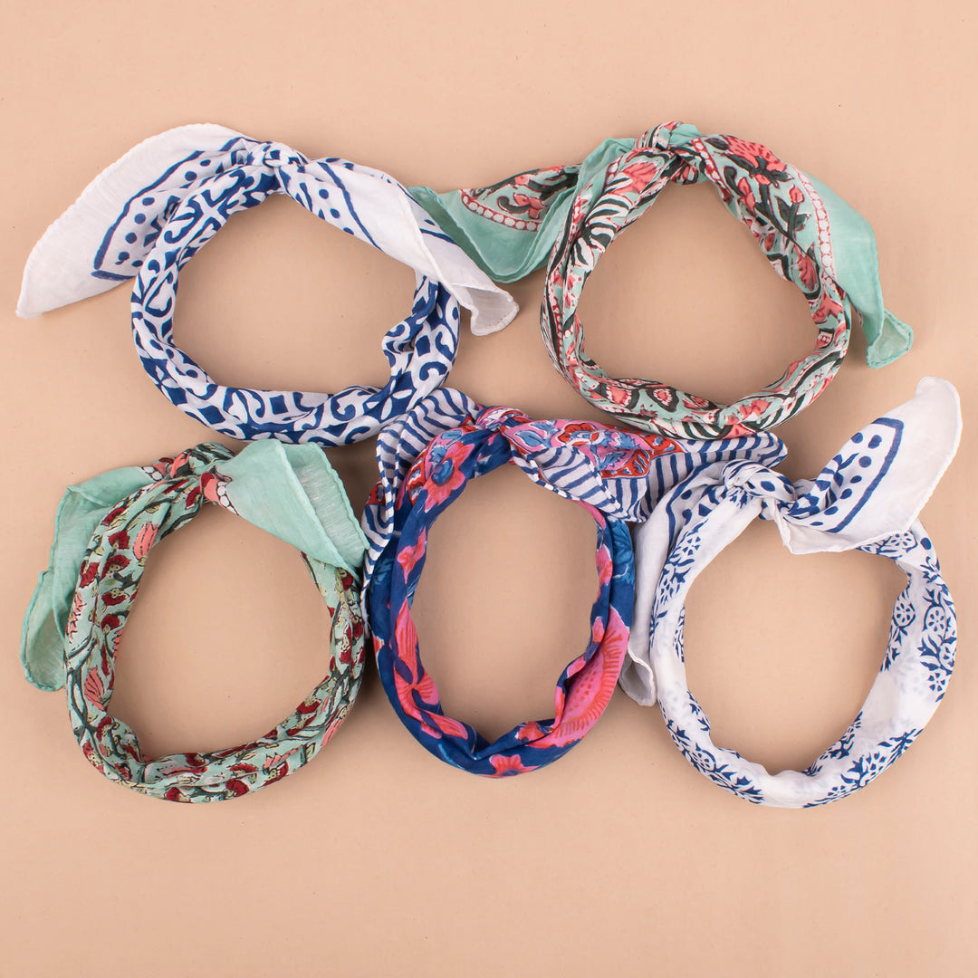Set of 5 – Boho Cotton Bandanas | Printed Head Scarf &amp; Hair Wrap