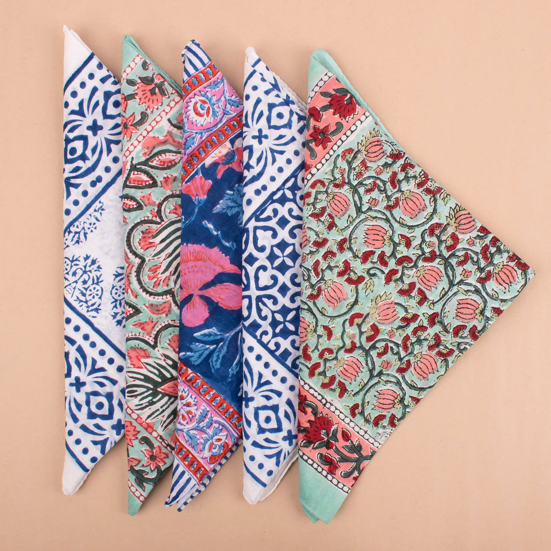 Set of 5 – Boho Cotton Bandanas | Printed Head Scarf &amp; Hair Wrap