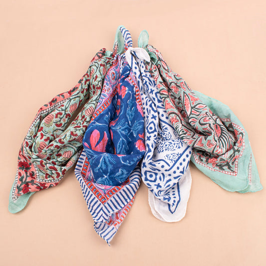 Set of 4 - Unisex Accessory For Neck Or Hair Tie, Traditional Block Printed Bandanas, Eco Gift Idea, Fashion Accessory, Neck Or Wrist Tie