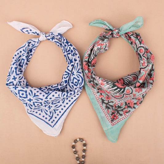 Set of 2 - Dopamine Dressing Bandanas, Lightweight Floral Print Neck Tie, 100% Sustainable Cotton Neck Scarf, Trendy Gift Ideas