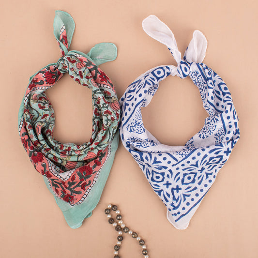 Set of 2 - Pure Cotton Bohemian Bandanas, Sustainable Handmade Headband, Block Print Wrist Tie, Trendy Western Scarf For Festival