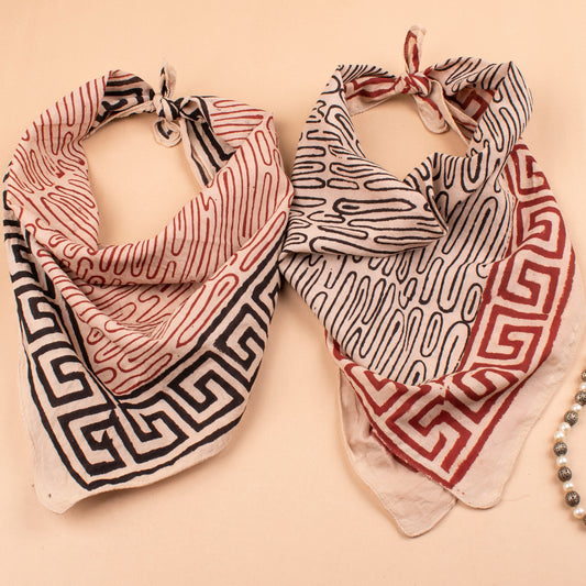 Set of 2 - Pure Cotton Unisex Bandanas, Handblock Printed Head Scarf, Classic Cotton Bandana Scarf, 100% Cotton Headband, Stylish Cotton Accessories