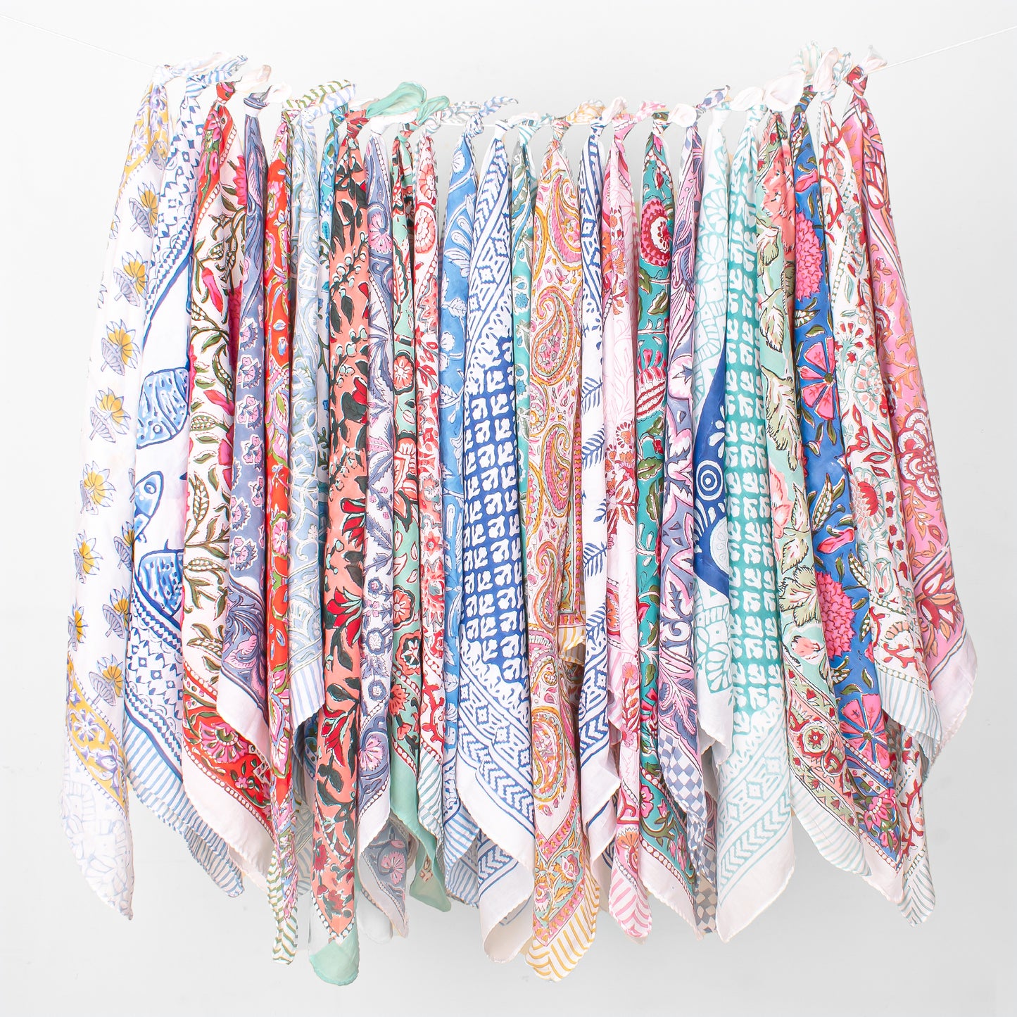 Set of 25 - Summer Block Printed Bandana In Soft Cotton, Paisley Print Bohemian Wrap, Handmade Head Or Neck Scarf, Unisex Eco-Friendly Gift, Cotton Bandanas