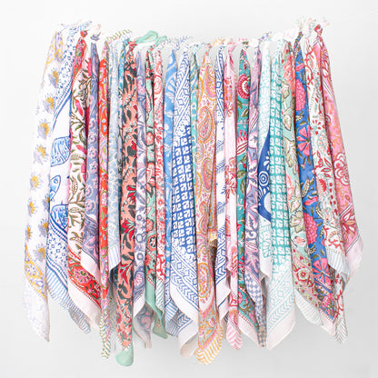 Set of 25 - Summer Block Printed Bandana In Soft Cotton, Paisley Print Bohemian Wrap, Handmade Head Or Neck Scarf, Unisex Eco-Friendly Gift, Cotton Bandanas