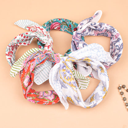 Set of 25 - Summer Block Printed Bandana In Soft Cotton, Paisley Print Bohemian Wrap, Handmade Head Or Neck Scarf, Unisex Eco-Friendly Gift, Cotton Bandanas