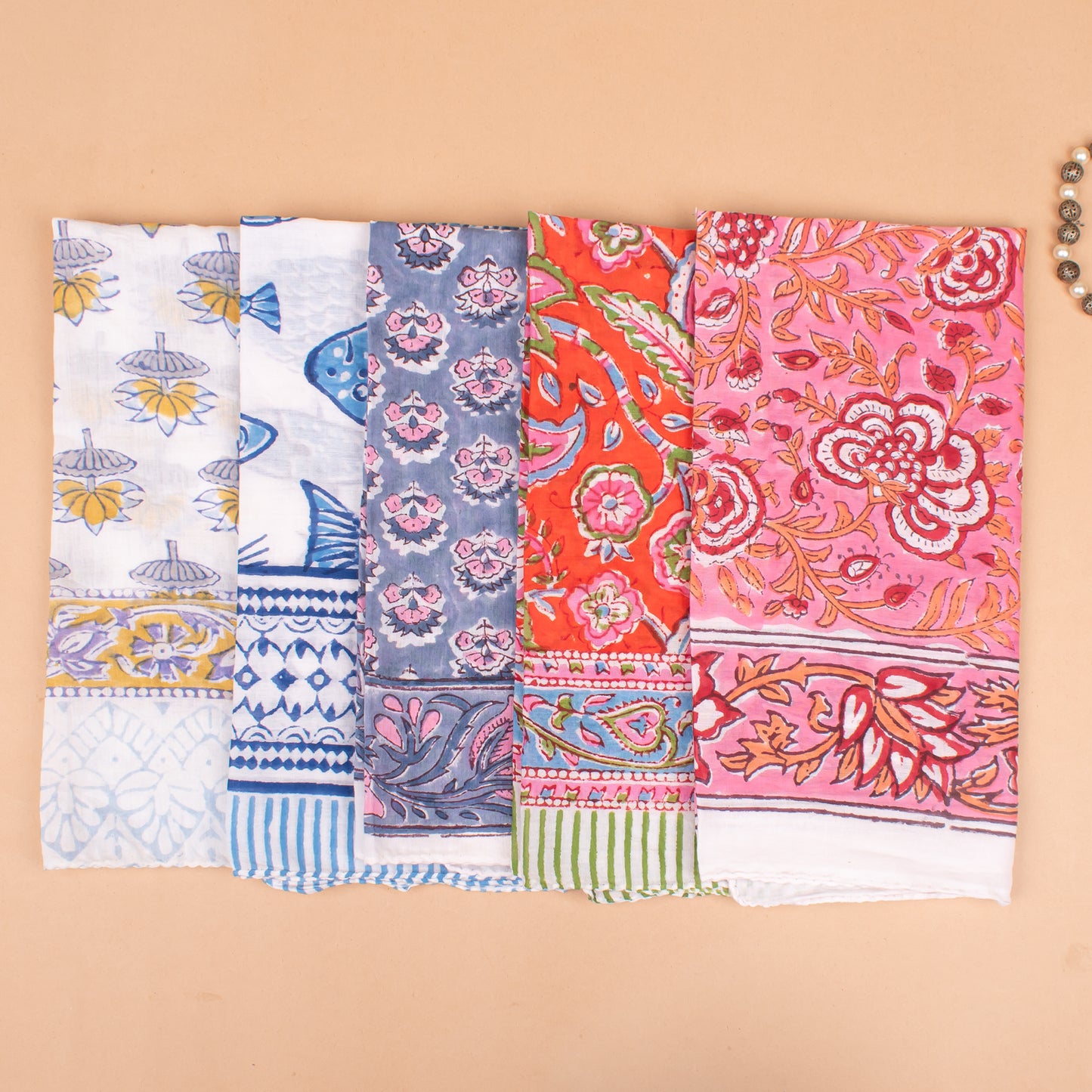 Set of 25 - Summer Block Printed Bandana In Soft Cotton, Paisley Print Bohemian Wrap, Handmade Head Or Neck Scarf, Unisex Eco-Friendly Gift, Cotton Bandanas