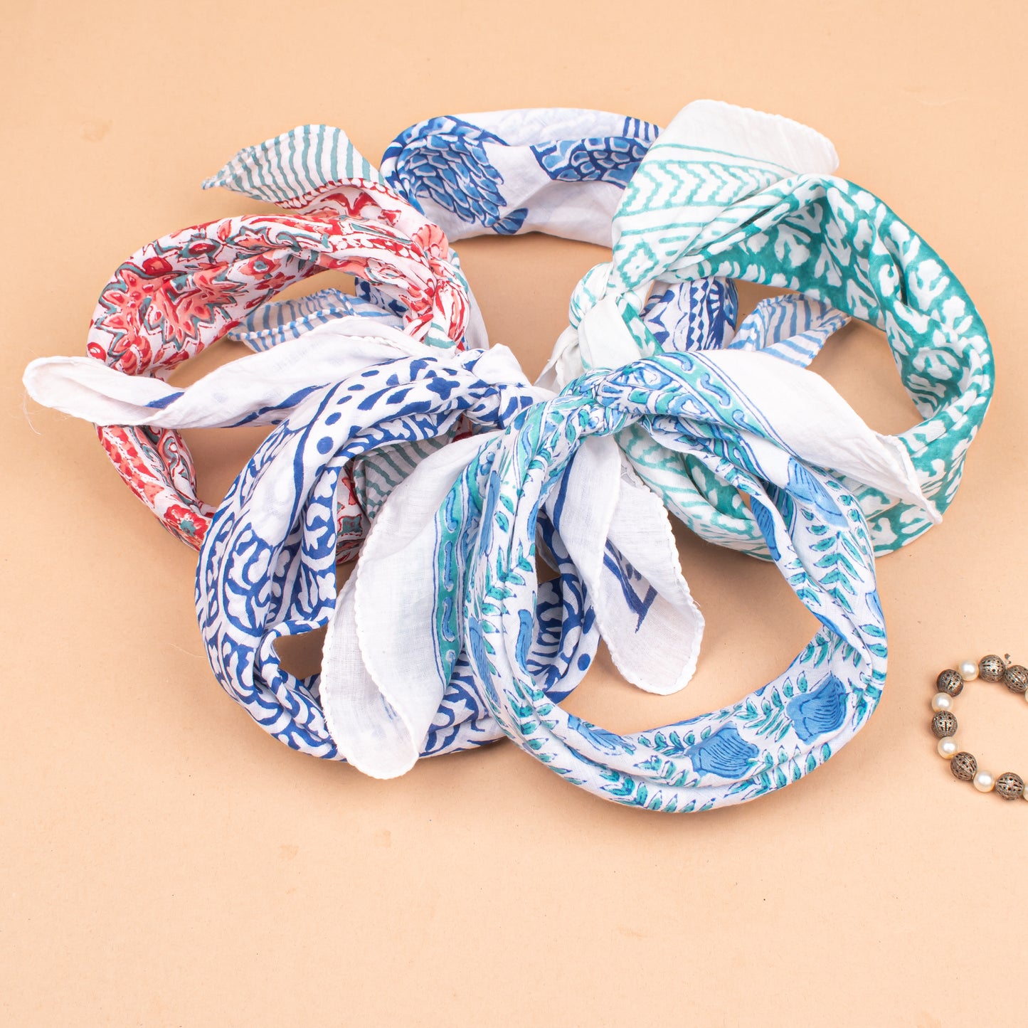 Set of 25 - Hand Block Printed Bandana In Cotton, Bohemian Paisley Wrap For Neck Or Hair, Lightweight Accessory For Summer, Unisex Gift Idea, Cotton Bandanas