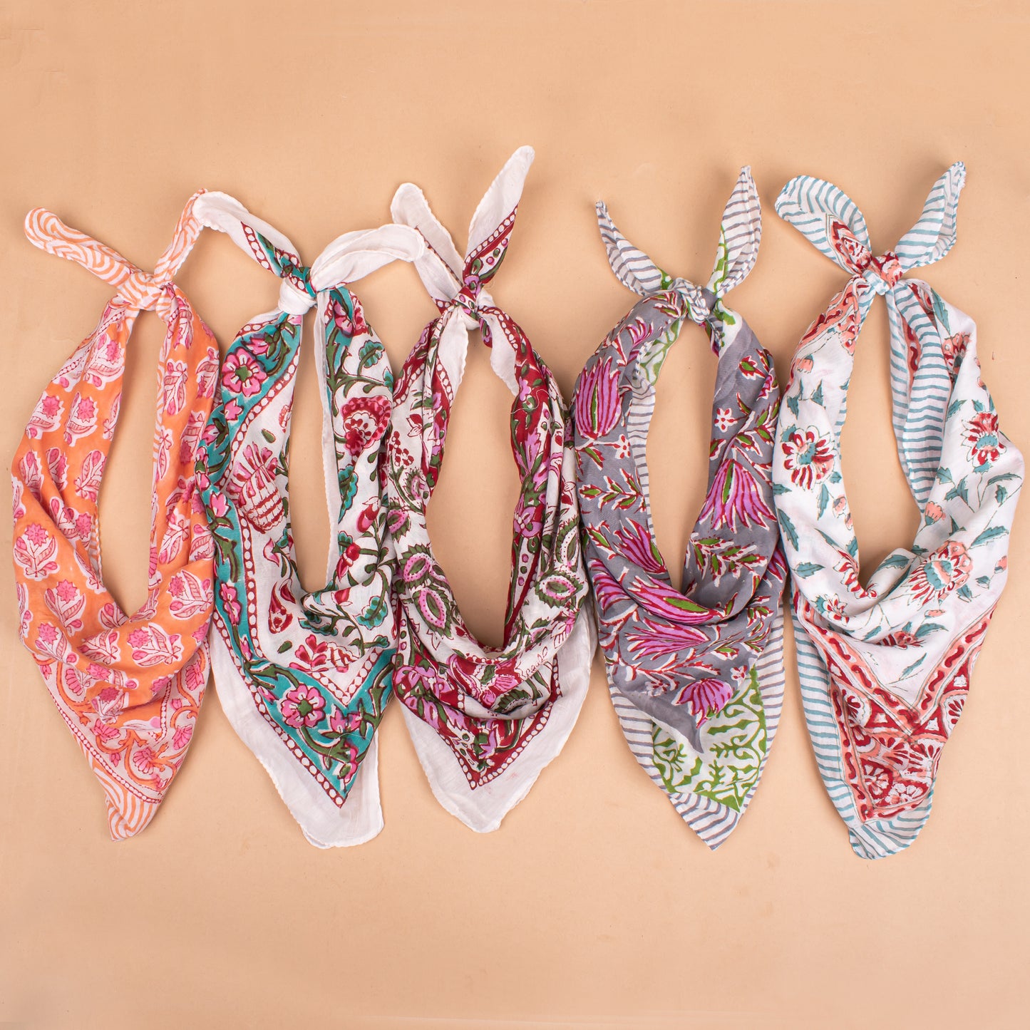 Set of 5 - Boho Style Paisley Bandana, Handmade Organic Cotton Wrap For Hair Or Neck, Lightweight And Reusable Summer Gift For Women And Men