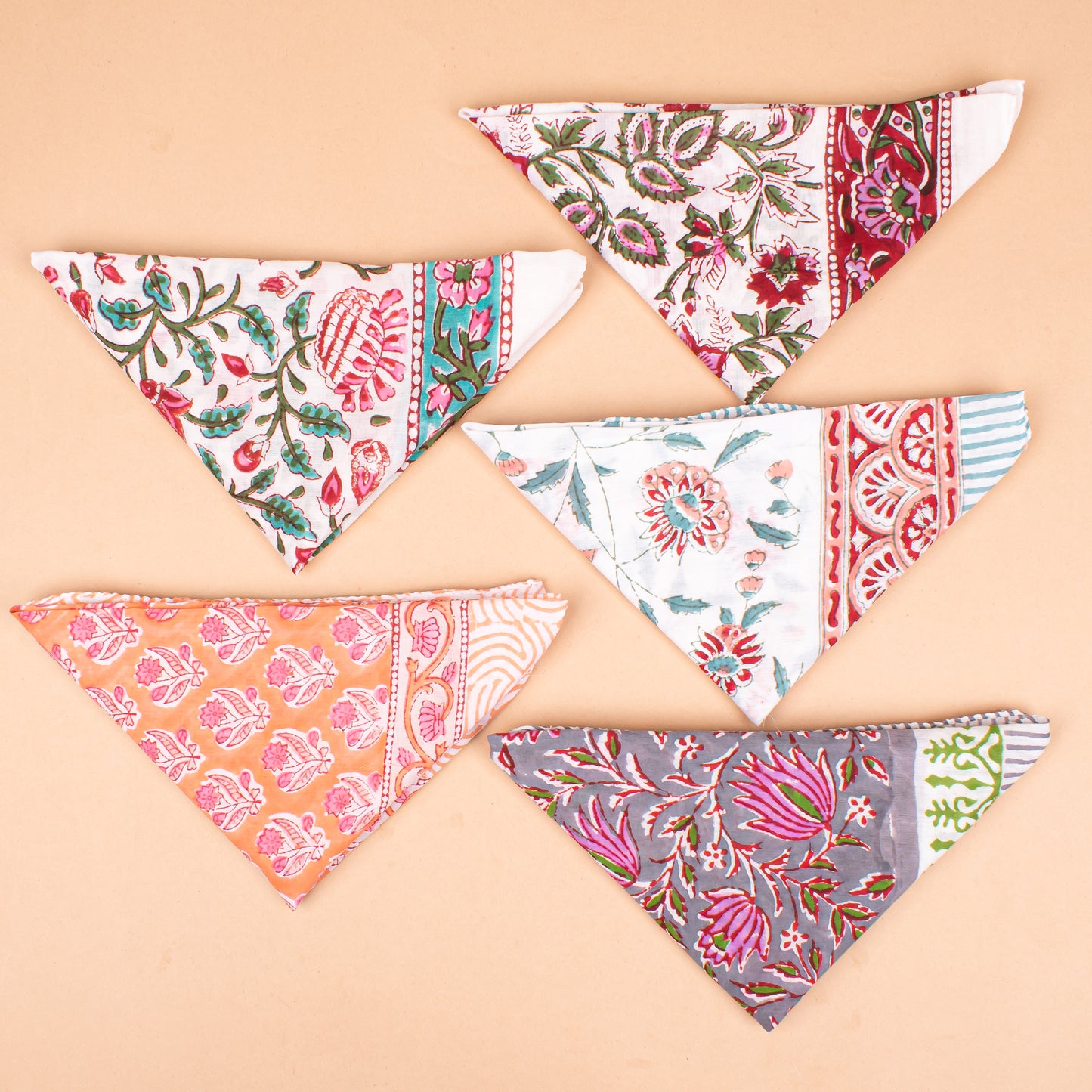 Set of 5 - Boho Style Paisley Bandana, Handmade Organic Cotton Wrap For Hair Or Neck, Lightweight And Reusable Summer Gift For Women And Men