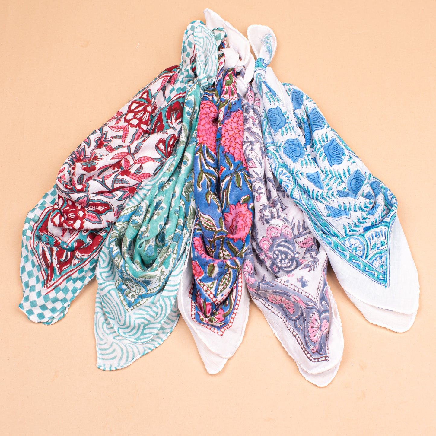 Set of 5 - Soft Organic Cotton Bandana Scarf, Hand Block Paisley Print, Unisex Wrap For Summer Hair Or Neck Styling, Eco Gift For Him Or Her, Pet Accessory