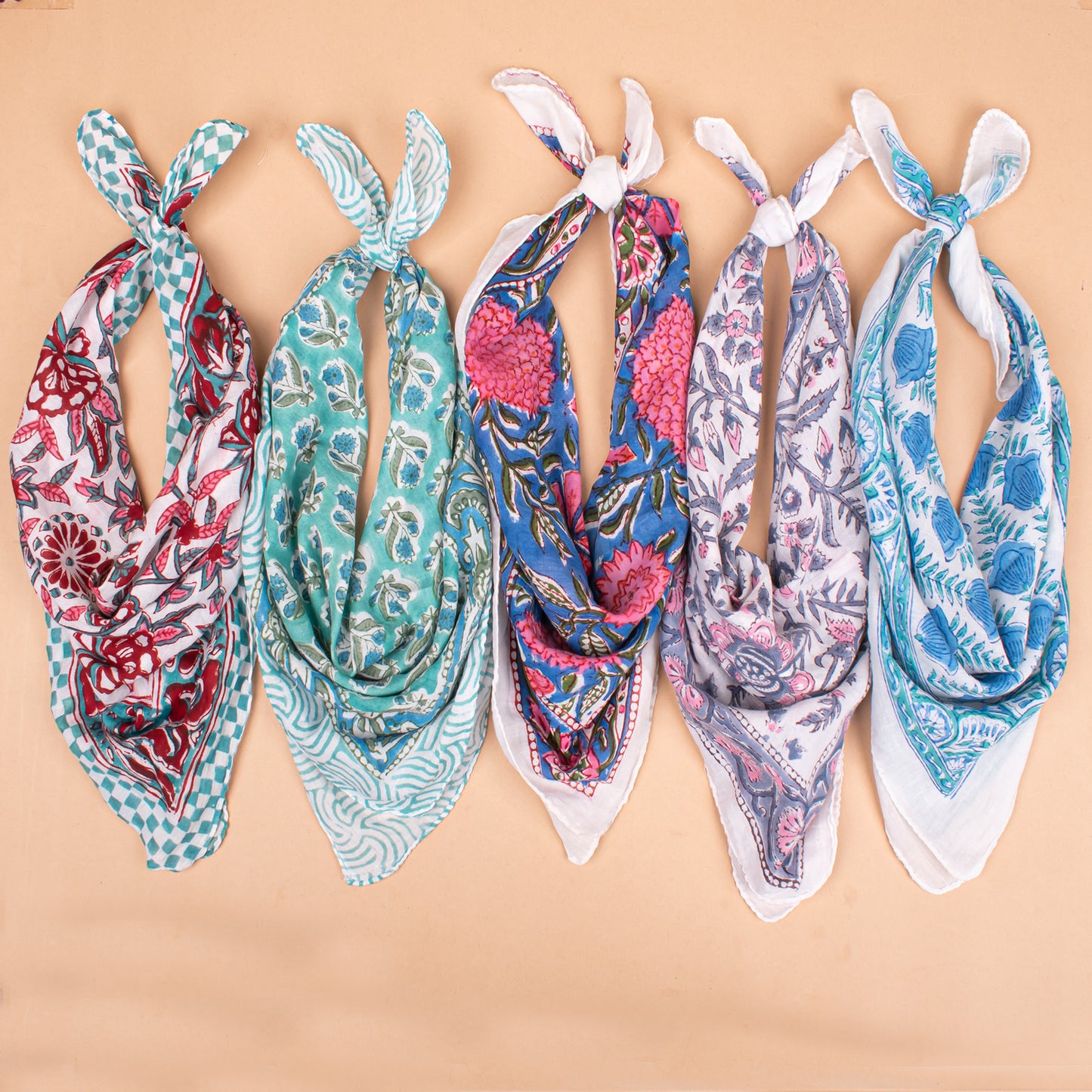 Set of 5 - Soft Organic Cotton Bandana Scarf, Hand Block Paisley Print, Unisex Wrap For Summer Hair Or Neck Styling, Eco Gift For Him Or Her, Pet Accessory