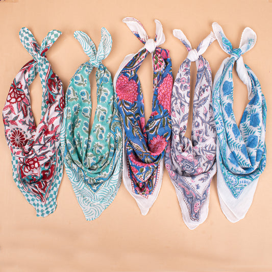 Set of 5 - Soft Organic Cotton Bandana Scarf, Hand Block Paisley Print, Unisex Wrap For Summer Hair Or Neck Styling, Eco Gift For Him Or Her, Pet Accessory
