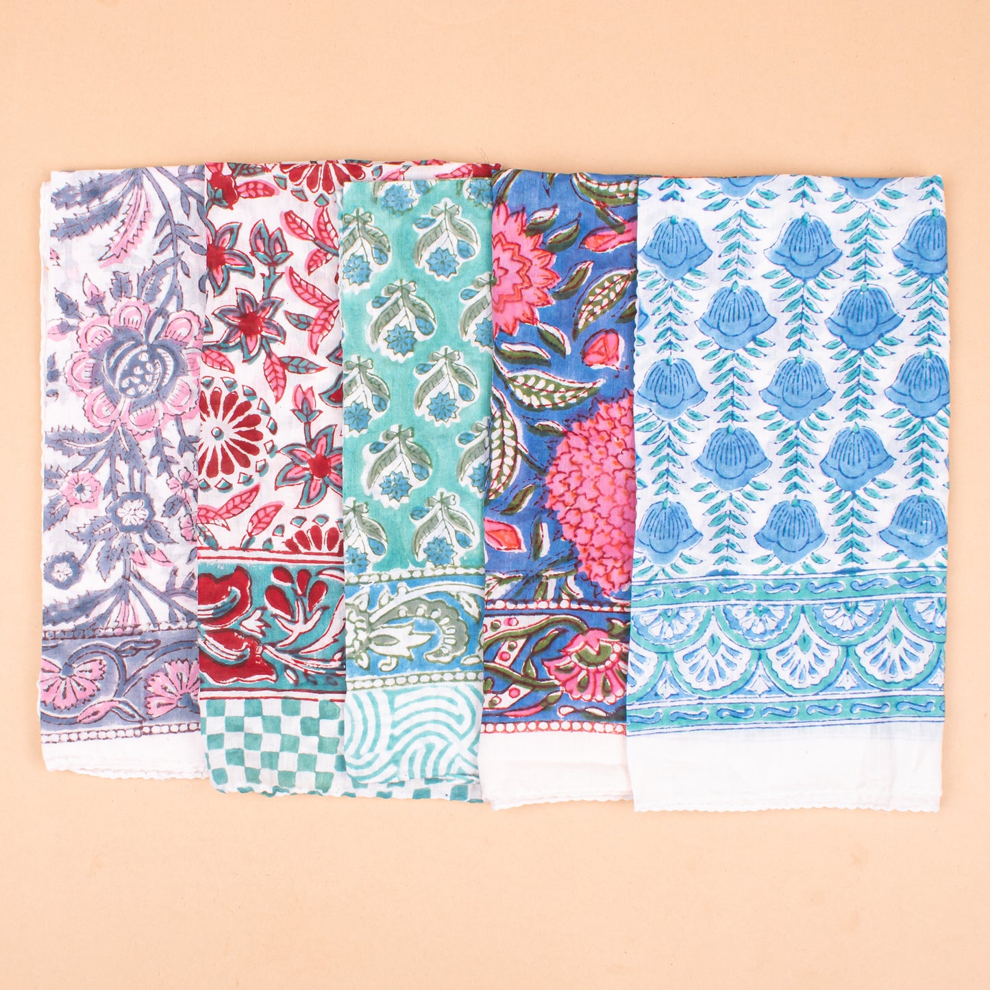 Set of 5 - Soft Organic Cotton Bandana Scarf, Hand Block Paisley Print, Unisex Wrap For Summer Hair Or Neck Styling, Eco Gift For Him Or Her, Pet Accessory