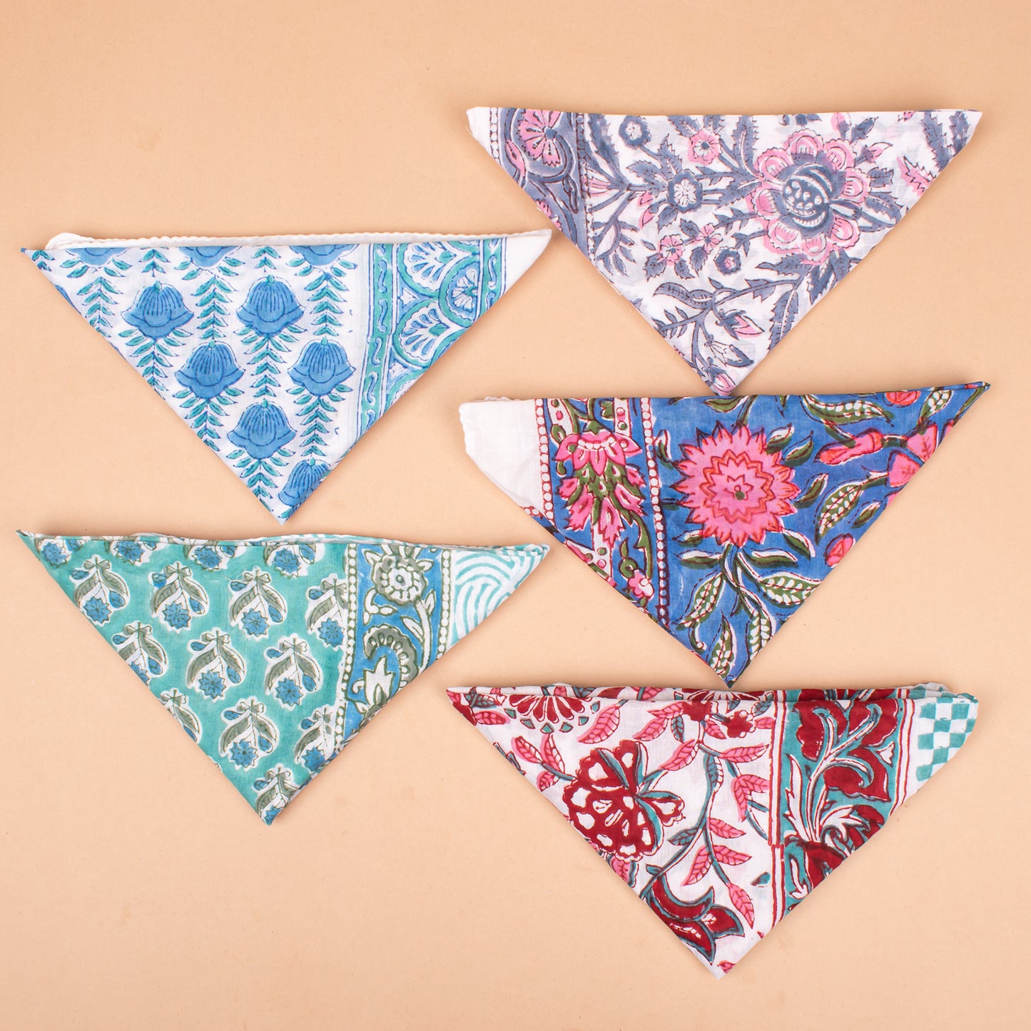 Set of 5 - Soft Organic Cotton Bandana Scarf, Hand Block Paisley Print, Unisex Wrap For Summer Hair Or Neck Styling, Eco Gift For Him Or Her, Pet Accessory