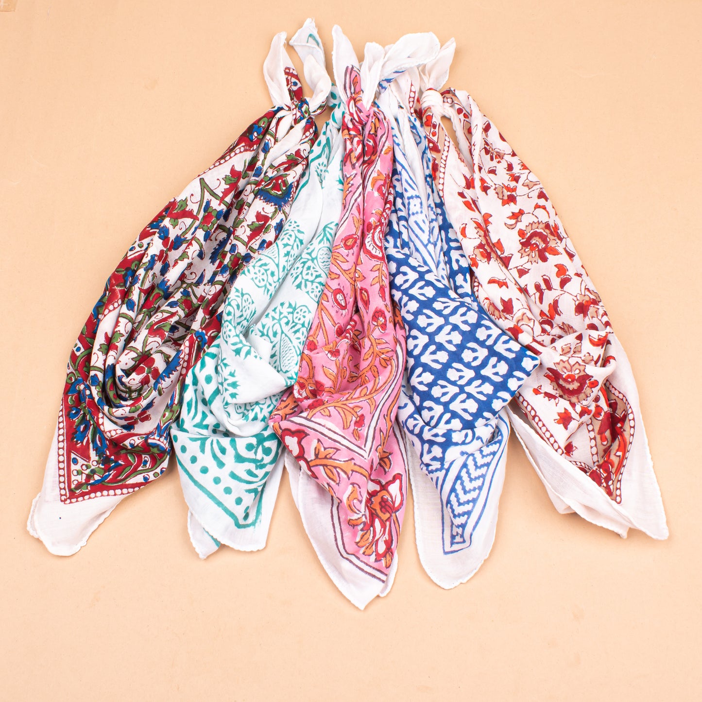 Set of 5 - Handmade Paisley Cotton Bandana Scarf, Boho Block Print Wrap, Lightweight Summer Fashion For Women Or Men, Eco-Friendly Gift Idea