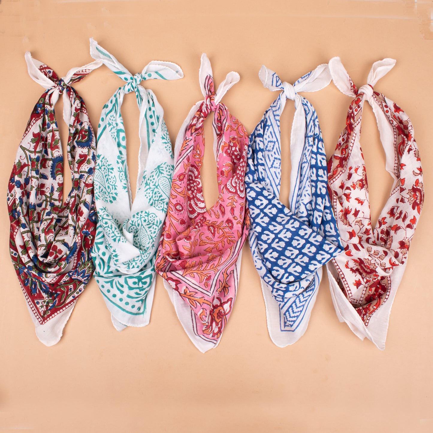 Set of 5 - Handmade Paisley Cotton Bandana Scarf, Boho Block Print Wrap, Lightweight Summer Fashion For Women Or Men, Eco-Friendly Gift Idea