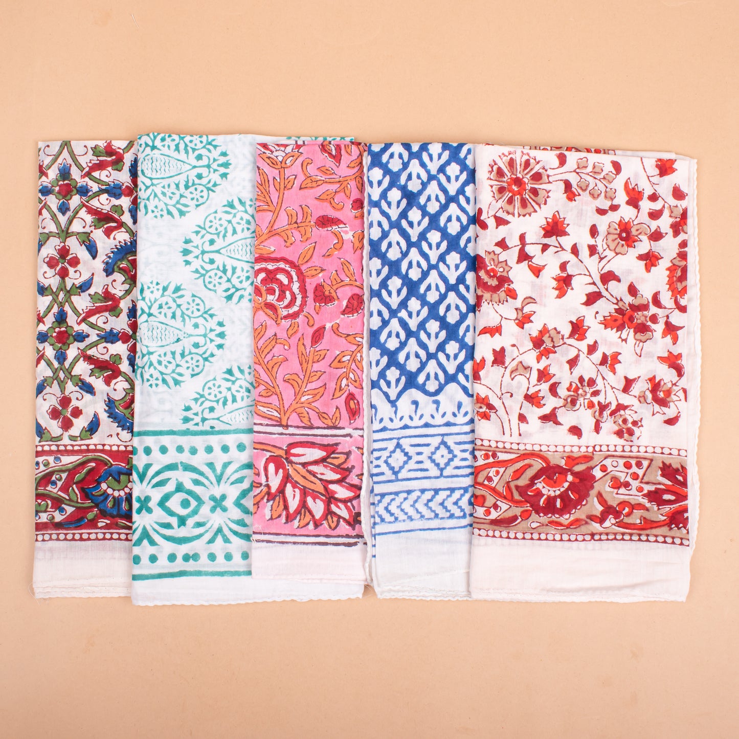 Set of 5 - Handmade Paisley Cotton Bandana Scarf, Boho Block Print Wrap, Lightweight Summer Fashion For Women Or Men, Eco-Friendly Gift Idea