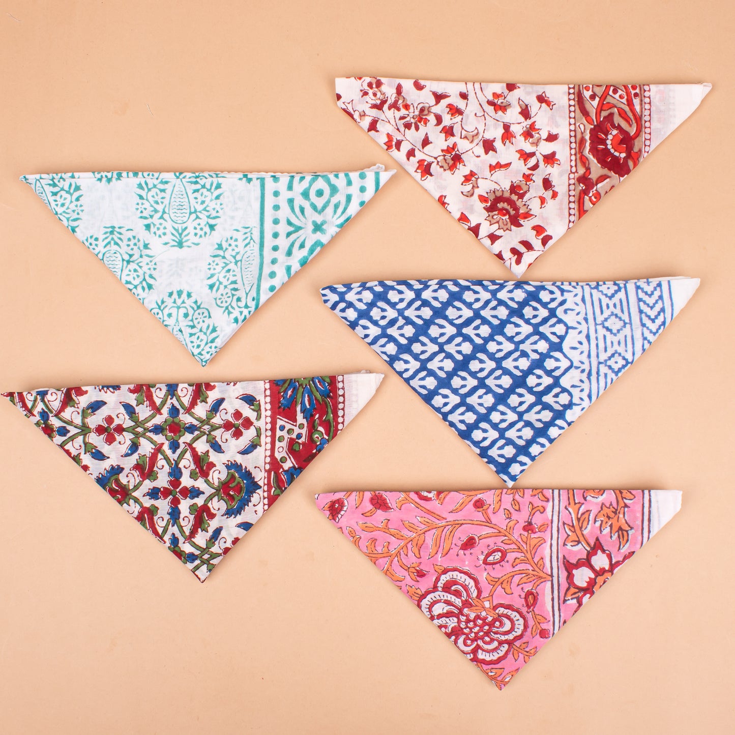 Set of 5 - Handmade Paisley Cotton Bandana Scarf, Boho Block Print Wrap, Lightweight Summer Fashion For Women Or Men, Eco-Friendly Gift Idea