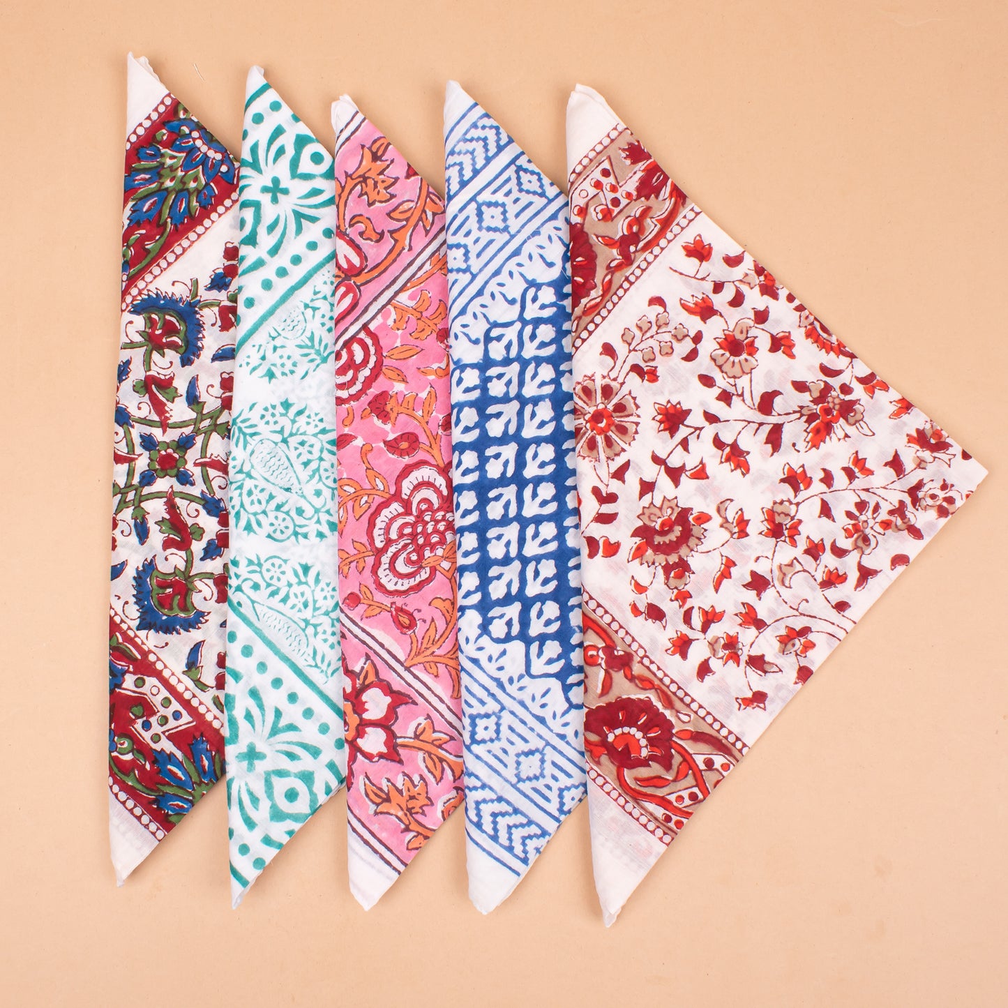 Set of 5 - Handmade Paisley Cotton Bandana Scarf, Boho Block Print Wrap, Lightweight Summer Fashion For Women Or Men, Eco-Friendly Gift Idea
