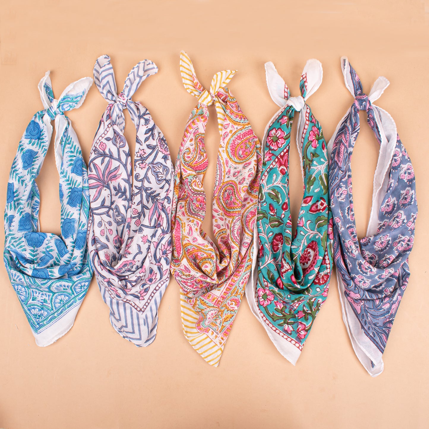 Set of 5 - Cotton Bandana With Hand Block Paisley Print, Reusable Headwrap Or Neckerchief For Summer, Boho Style Gift For All, Accessory For Bikers & Pet