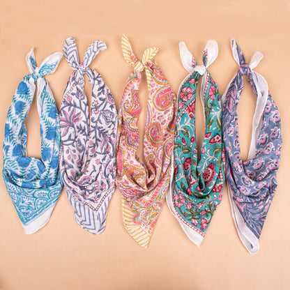 Set of 5 - Cotton Bandana With Hand Block Paisley Print, Reusable Headwrap Or Neckerchief For Summer, Boho Style Gift For All, Accessory For Bikers & Pet