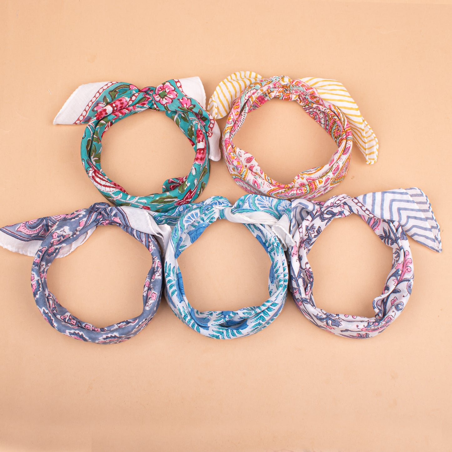 Set of 5 - Cotton Bandana With Hand Block Paisley Print, Reusable Headwrap Or Neckerchief For Summer, Boho Style Gift For All, Accessory For Bikers & Pet