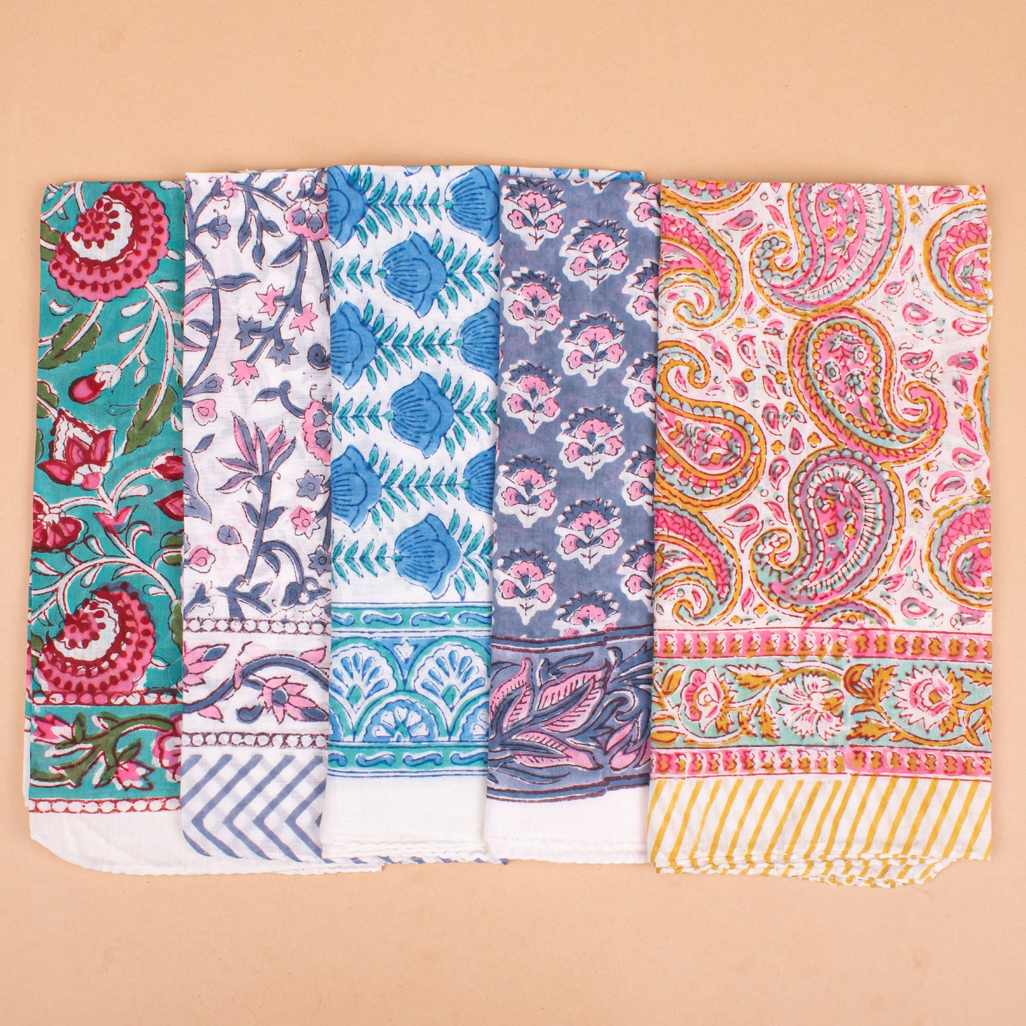 Set of 5 - Cotton Bandana With Hand Block Paisley Print, Reusable Headwrap Or Neckerchief For Summer, Boho Style Gift For All, Accessory For Bikers & Pet