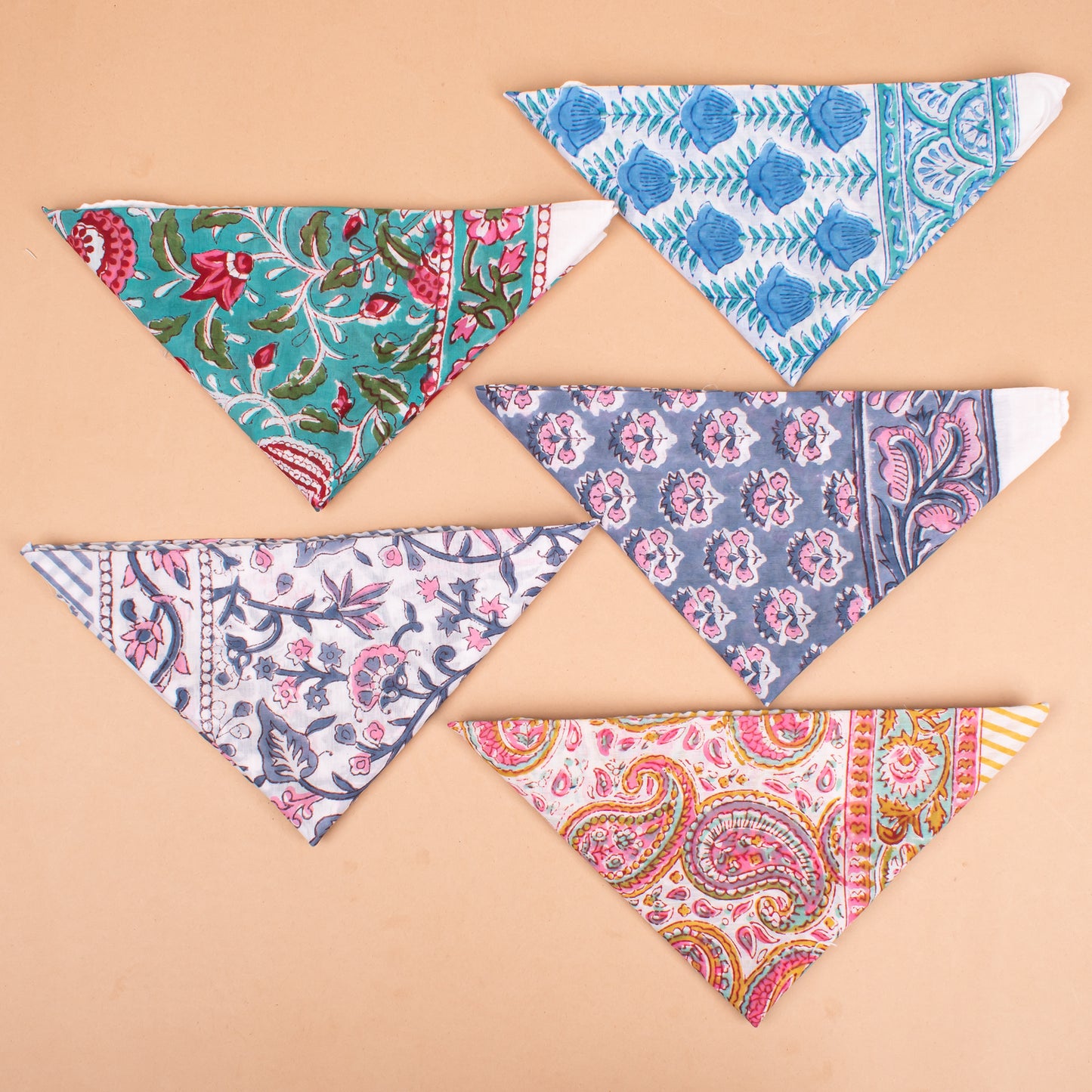 Set of 5 - Cotton Bandana With Hand Block Paisley Print, Reusable Headwrap Or Neckerchief For Summer, Boho Style Gift For All, Accessory For Bikers & Pet