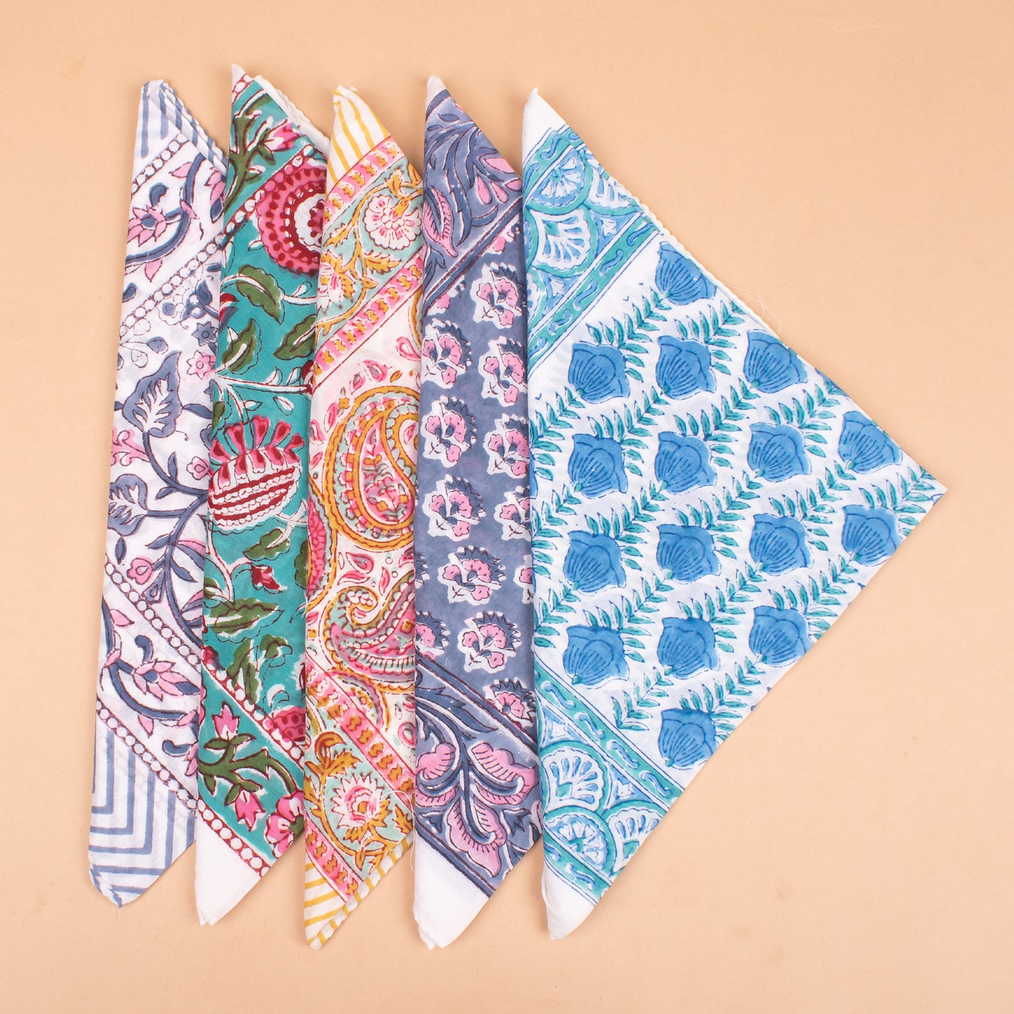 Set of 5 - Cotton Bandana With Hand Block Paisley Print, Reusable Headwrap Or Neckerchief For Summer, Boho Style Gift For All, Accessory For Bikers & Pet