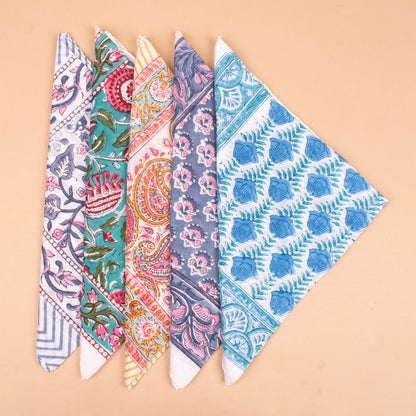 Set of 5 - Cotton Bandana With Hand Block Paisley Print, Reusable Headwrap Or Neckerchief For Summer, Boho Style Gift For All, Accessory For Bikers & Pet