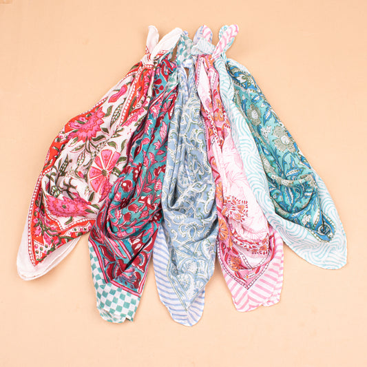 Set of 5 - Organic Paisley Cotton Bandana, Hand Block Printed Summer Scarf, Boho Unisex Wrap For Hair Or Neck, Thoughtful Handmade Gift Idea
