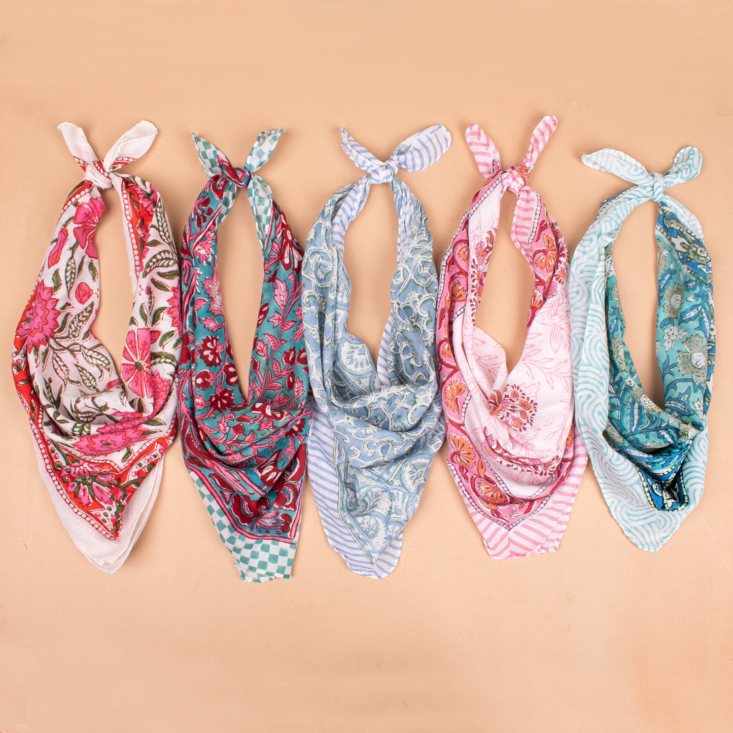 Set of 5 - Organic Paisley Cotton Bandana, Hand Block Printed Summer Scarf, Boho Unisex Wrap For Hair Or Neck, Thoughtful Handmade Gift Idea
