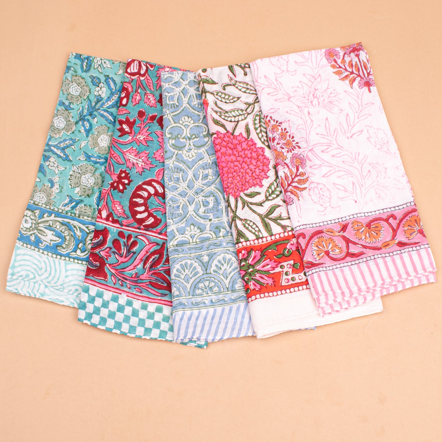 Set of 5 - Organic Paisley Cotton Bandana, Hand Block Printed Summer Scarf, Boho Unisex Wrap For Hair Or Neck, Thoughtful Handmade Gift Idea