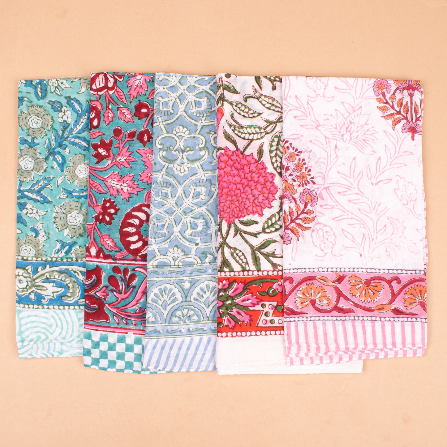Set of 5 - Organic Paisley Cotton Bandana, Hand Block Printed Summer Scarf, Boho Unisex Wrap For Hair Or Neck, Thoughtful Handmade Gift Idea